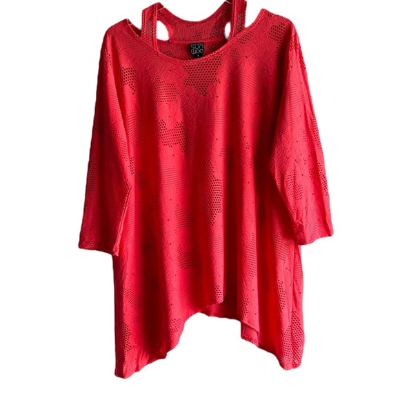 CLARA SUNWOO LASER-CUT ORANGE 3/4 SLEEVE LAGENLOOK HEM TUNIC TOP SZ XL - Picture 2 of 6